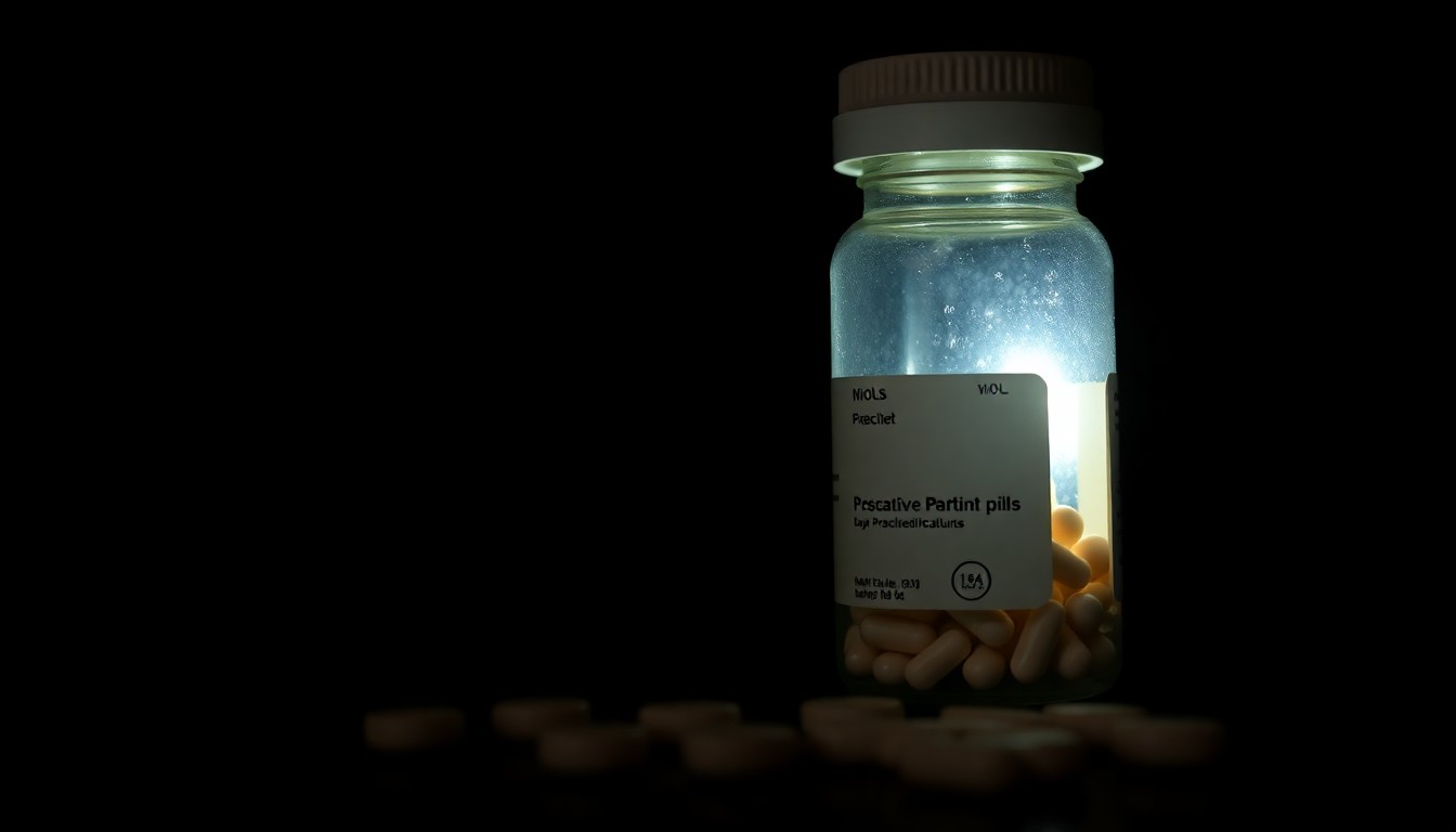 An extreme close-up photograph of a bottle of prescription pills against a stark, black background, the harsh lighting creating a gritty, investigative aesthetic.