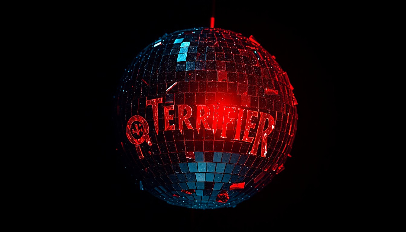 An extreme close-up photograph of a shattered, glittering disco ball reflecting a sinister red light, conceptually representing the dark, twisted glamour of the Terrifier horror franchise.