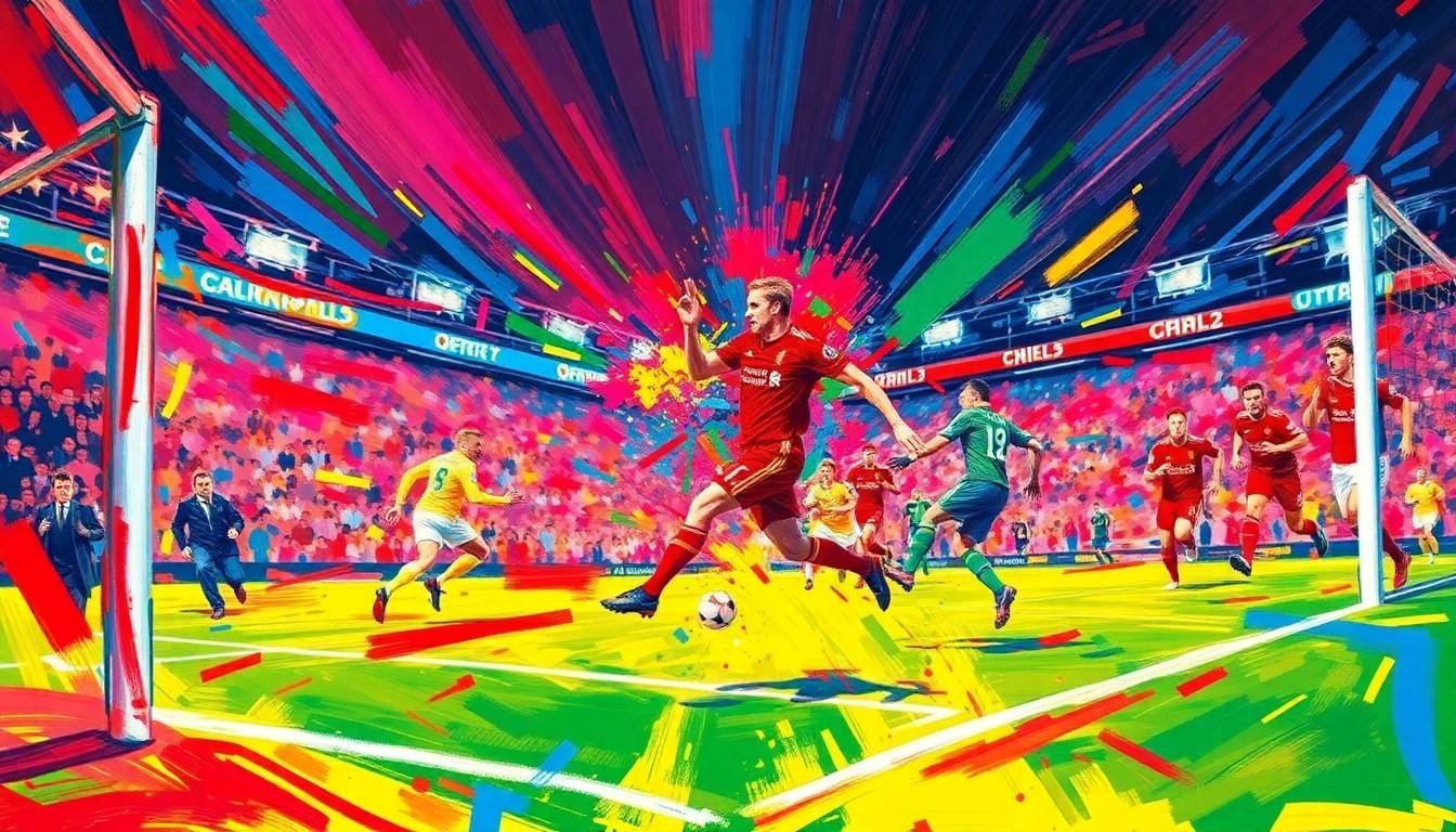An abstract, expressionist painting in neon colors depicting the intense energy and emotion of a last-minute goal in a high-stakes football match.