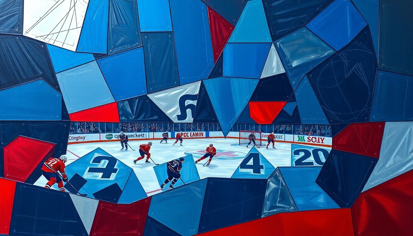 A fragmented, geometric painting depicting the chaotic action of a hockey game, with players and the puck rendered as sharp, overlapping shapes in a palette of navy, red, and silver.