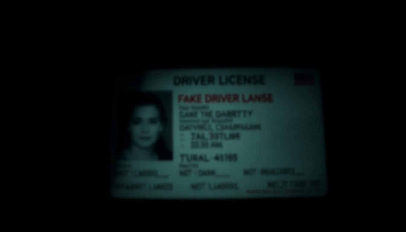 An extreme close-up of a blurred fake driver's license, conceptually illustrating the use of false identification in a financial fraud case.