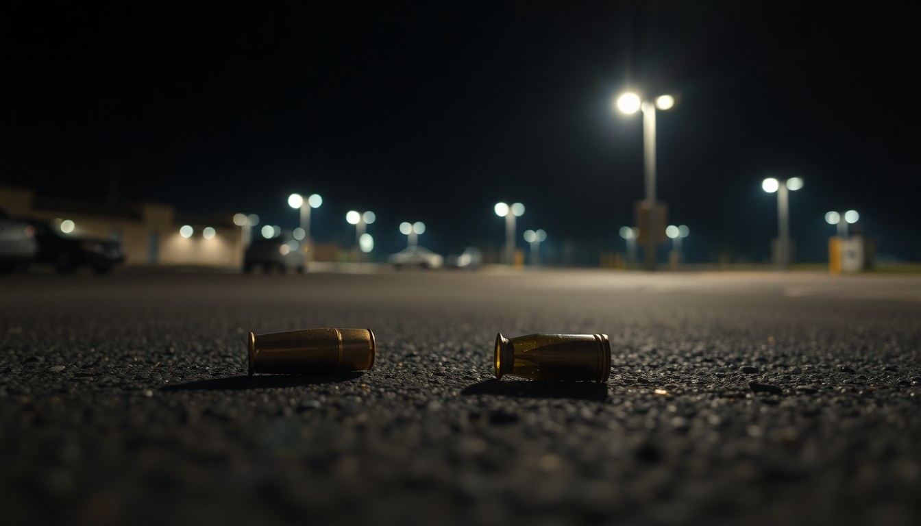 An extreme close-up photograph of a spent shell casing on the dark asphalt of a parking lot, creating a stark, gritty, investigative visual metaphor for a violent crime scene.