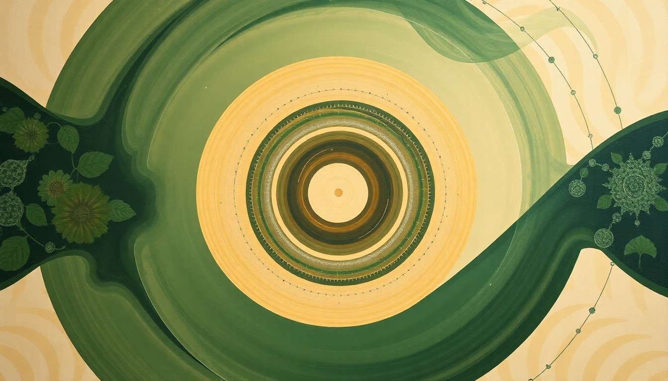 A highly structured abstract painting in soft, earthy tones of green, brown, and blue, featuring sweeping geometric arcs, concentric circles, and precise botanical spirals, conveying the complex interplay of scientific forces and concepts without the use of any text or symbols.