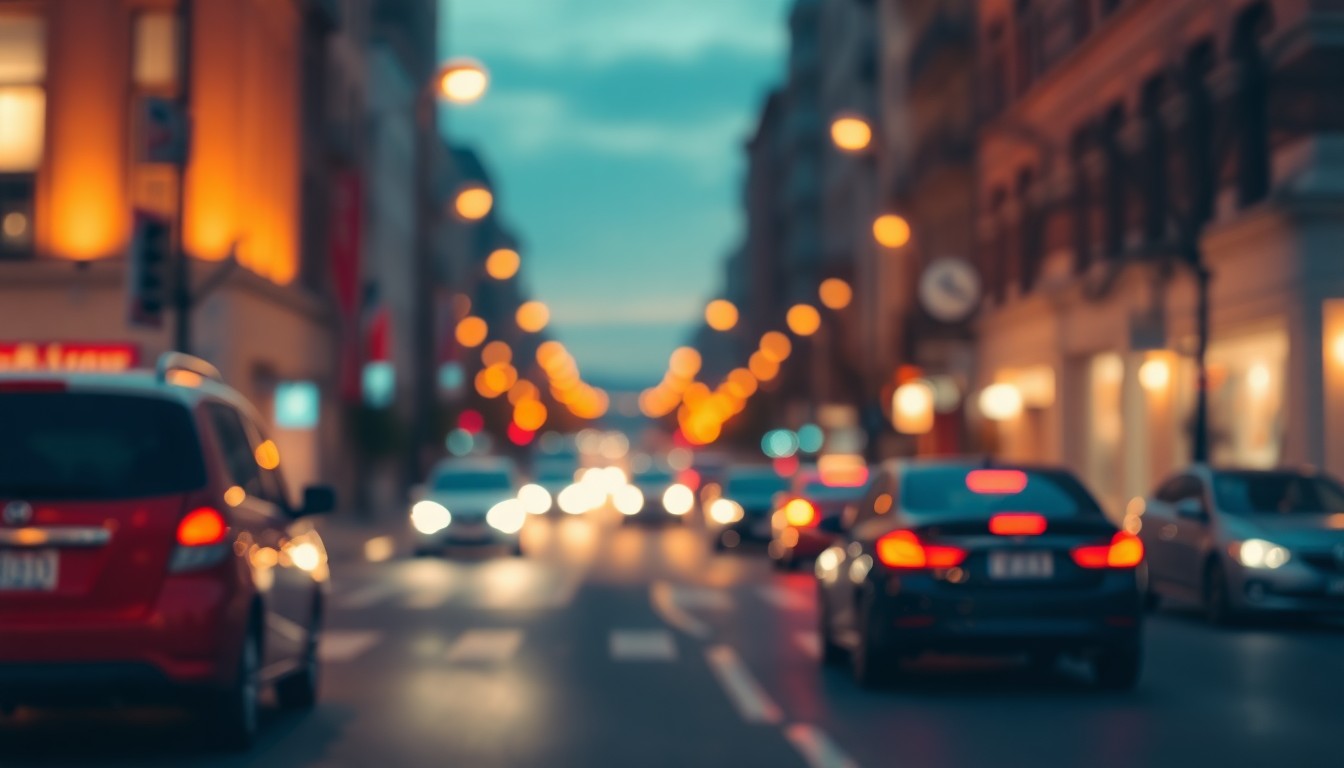 An abstract, impressionistic scene of a city street at night, with blurred lights and colors creating a warm, atmospheric mood that evokes a sense of human connection and kindness.