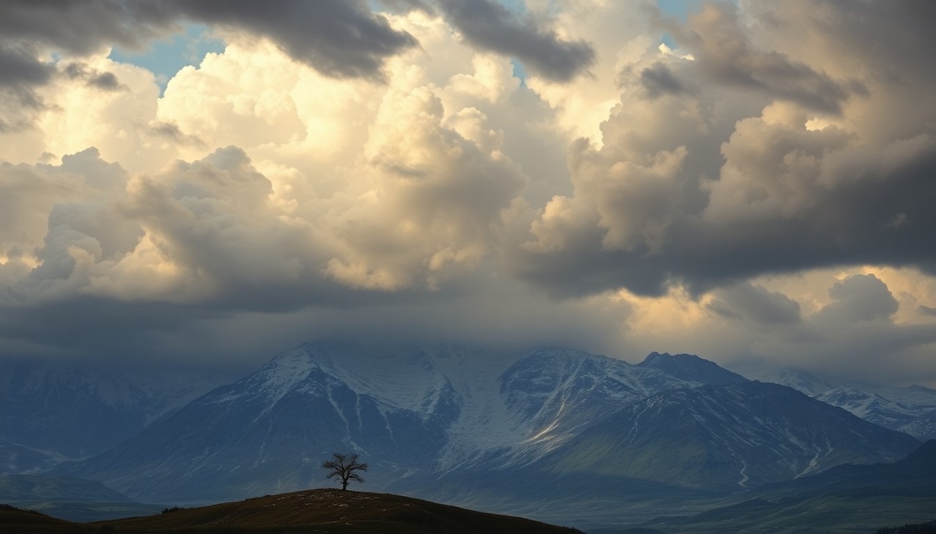 A sweeping, atmospheric landscape painting in muted tones of gray, blue, and white, depicting a dramatic, stormy sky over a snow-capped mountain range, with a lone tree or structure barely visible in the foreground, dwarfed by the overwhelming scale of the natural environment.