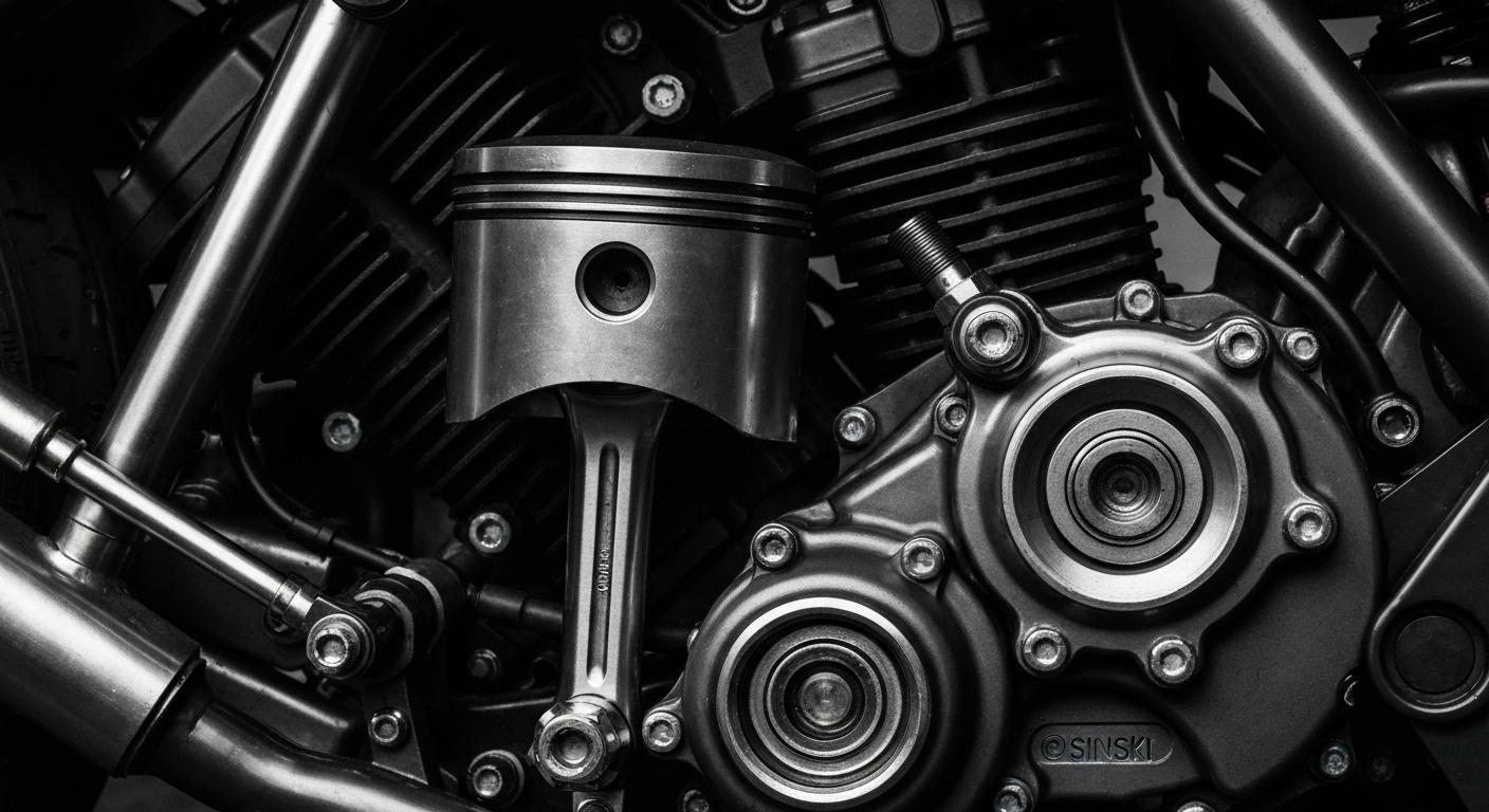 A dramatic close-up photograph of the textured metal and intricate components of a motorcycle engine, conveying the precision and craftsmanship behind the Sinski motorcycle design.