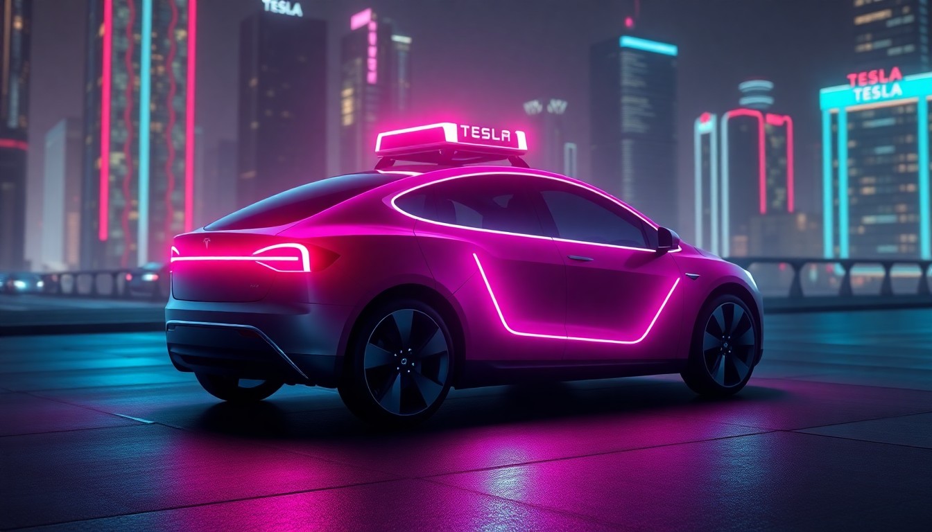 A highly detailed, 3D illustration of a Tesla Robotaxi vehicle, its body panels and sensors glowing with vibrant neon lights against a dark, futuristic cityscape backdrop, conceptually representing the company's technological advancements in autonomous driving.