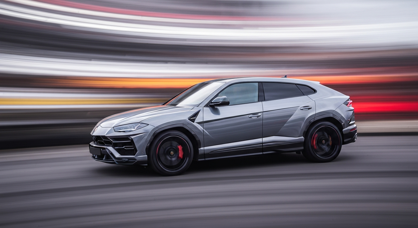 An abstract, motion-blurred image of a Lamborghini Urus SE, with vibrant streaks of color representing the vehicle's incredible speed and power.