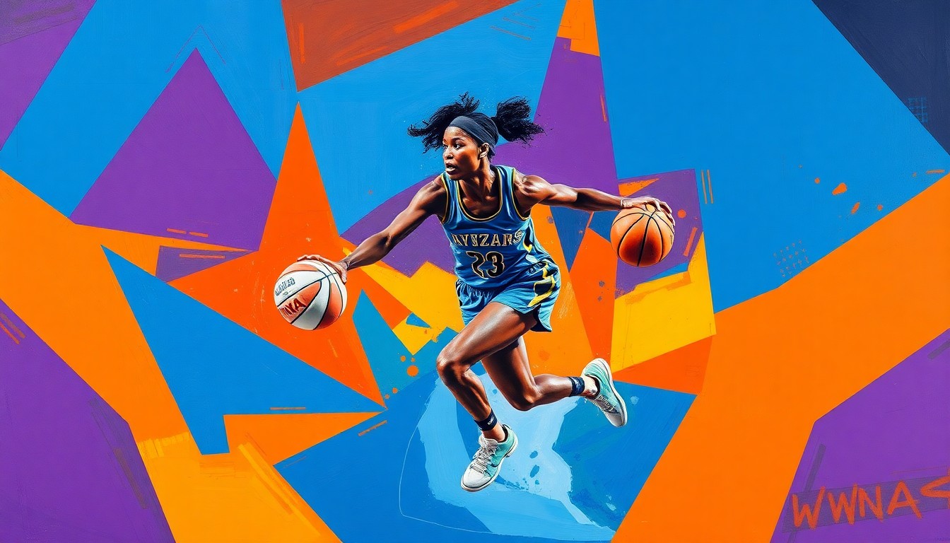 A cubist, geometric painting depicting a WNBA basketball player in motion, with sharp, overlapping planes of vibrant colors like electric blue, fiery orange, and deep purple, capturing the dynamic energy of the sport.