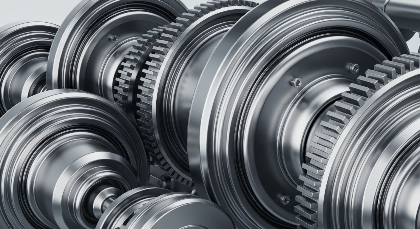 An extreme close-up of the shiny, interlocking gears and mechanisms of a banking machine, conveying the complex, industrial nature of the financial sector.