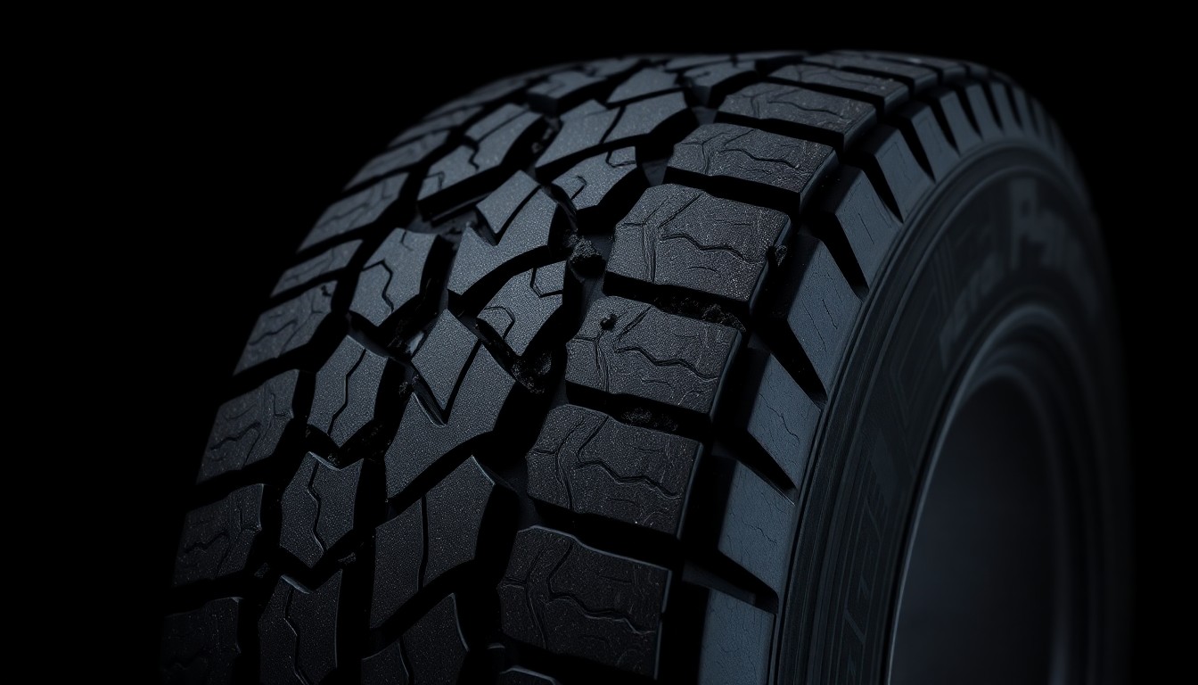 An extreme close-up photograph of a shredded tire tread against a pitch-black background, the twisted rubber conceptually representing the sudden violence of the tire blowout that led to the deadly crash.