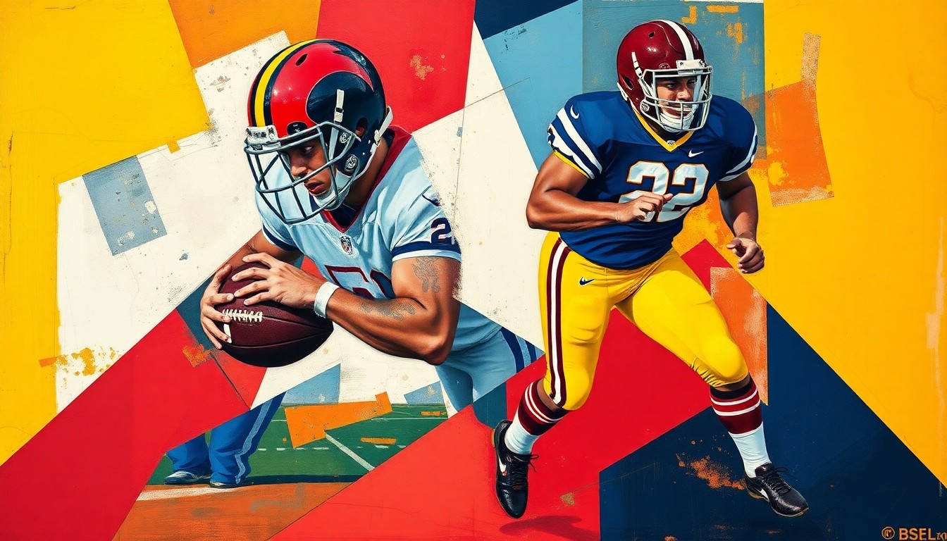 A fractured, geometric painting depicting a football player's movements and routes, with sharp planes of crimson, navy, and yellow representing the versatility and pro-ready nature of Germie Bernard's game.