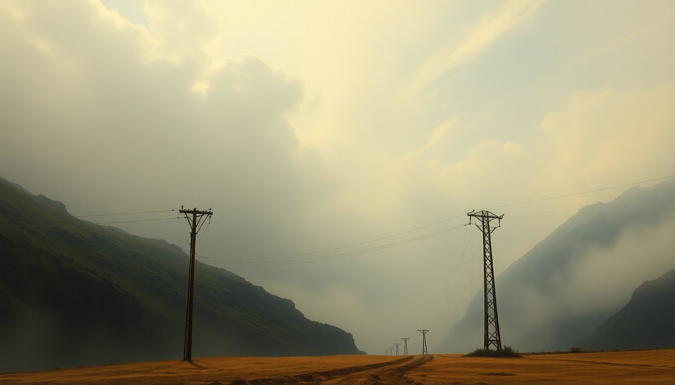 A sweeping, atmospheric landscape painting with a damaged power pole partially obscured by heavy fog, conveying the overwhelming scale of the natural world and the vulnerability of human-built structures.