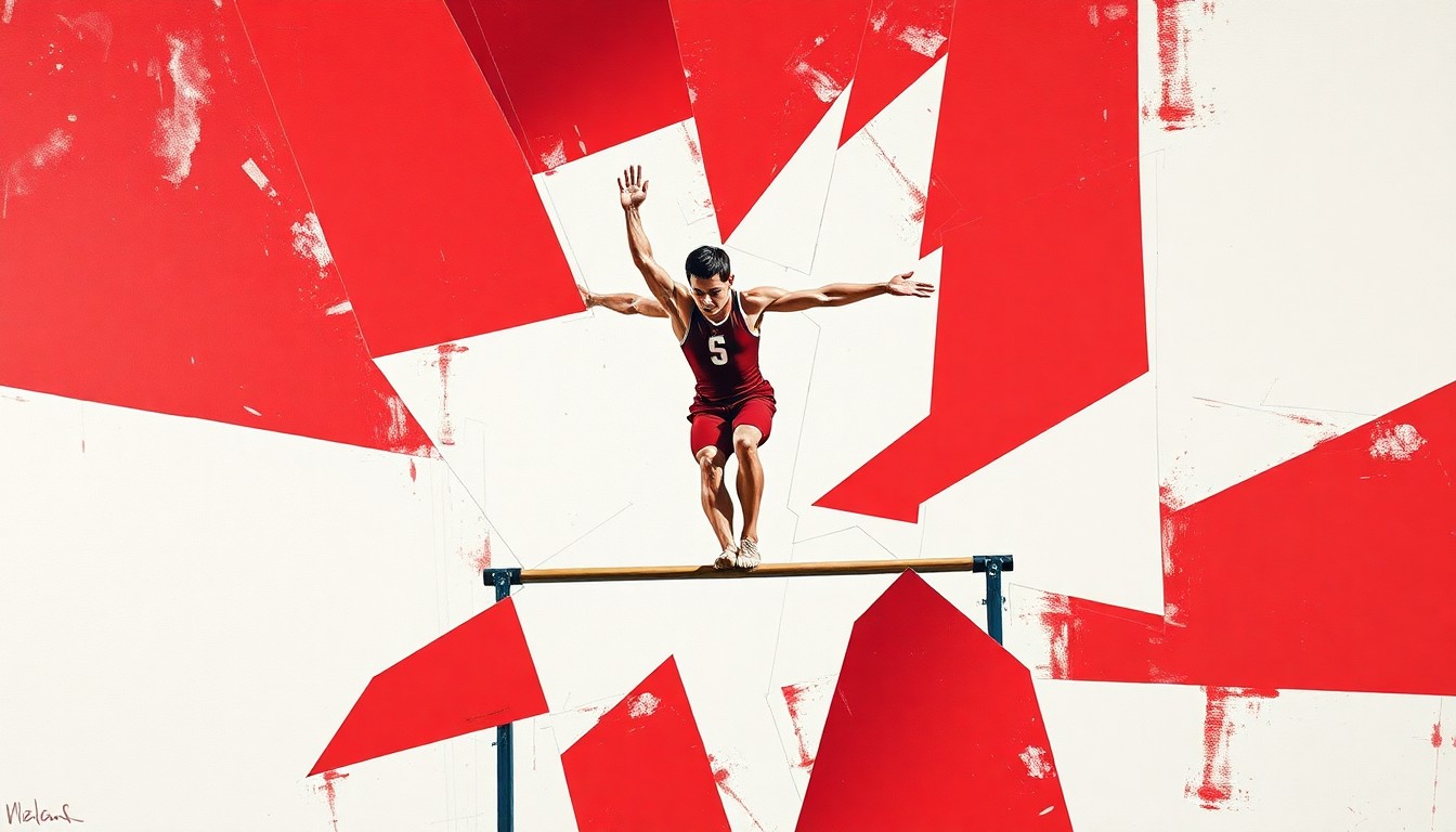 A cubist, geometric painting depicting a Stanford gymnast performing on the parallel bars, with the athlete's body broken down into sharp, overlapping planes of cardinal red and white.