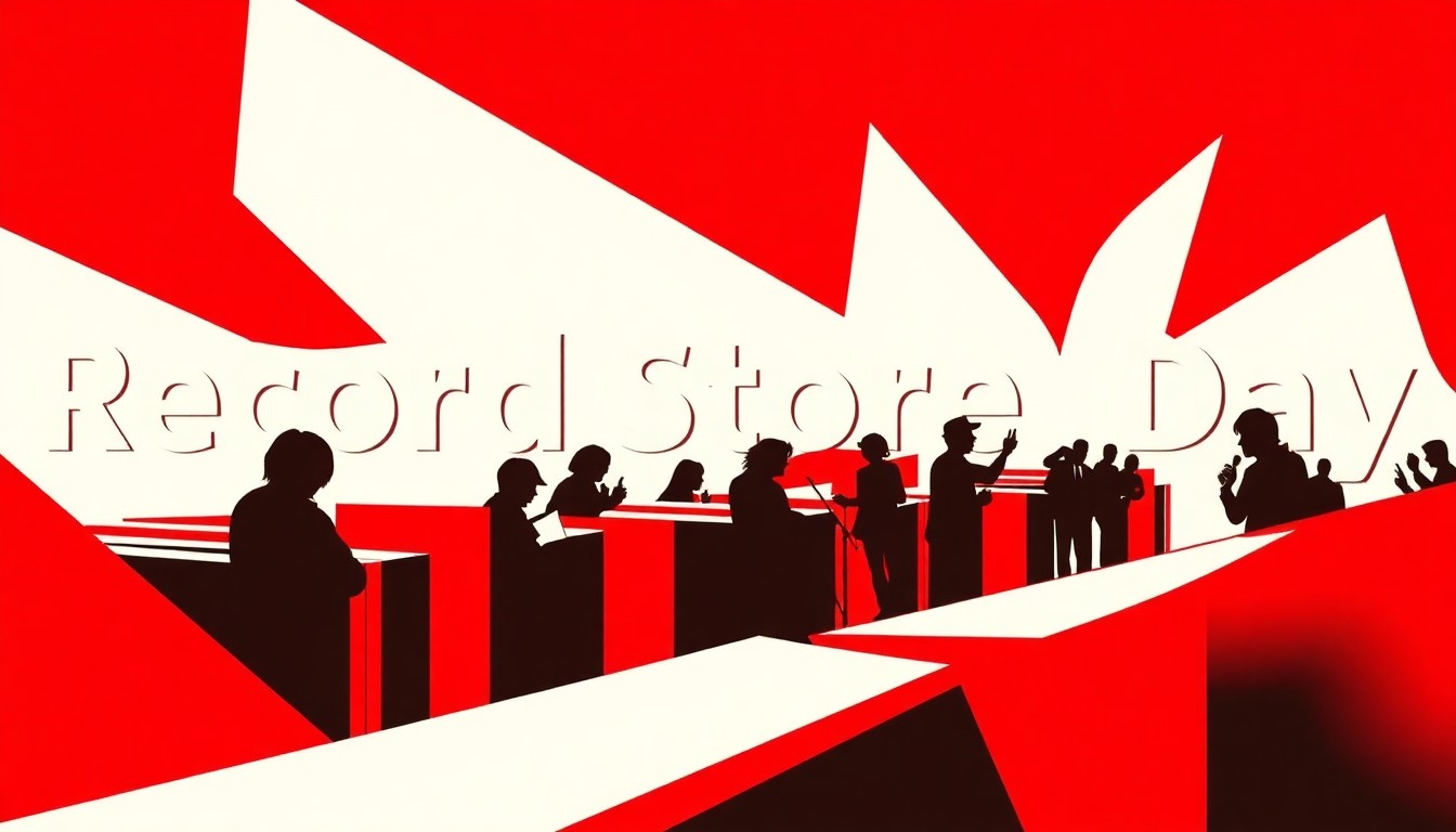 A bold, abstract illustration featuring jagged, geometric shapes in striking red and white, capturing the energy and diversity of the Record Store Day celebrations in West Michigan.