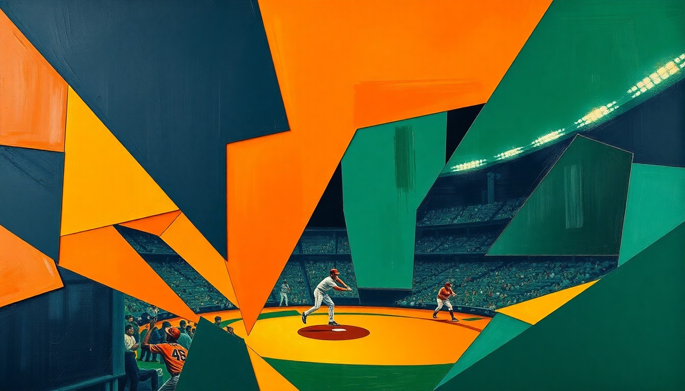 A cubist, geometric painting depicting the intense action of a baseball game, with sharp planes of color representing the players, field, and crowd in an abstract, deconstructed style.