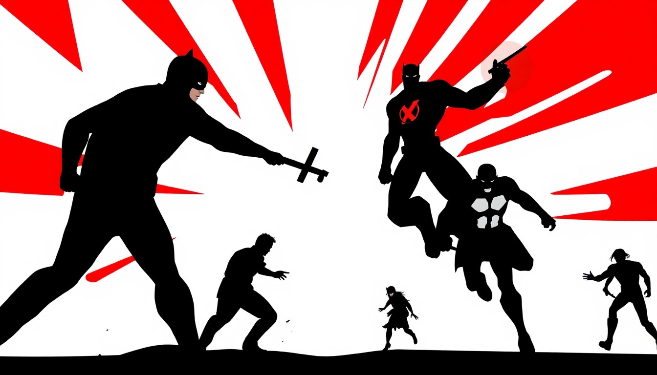 An abstract, minimalist illustration featuring stark black silhouettes of Daredevil and the Avengers' iconic symbols, conveying the clash between the street-level hero and the larger-than-life Marvel heroes.
