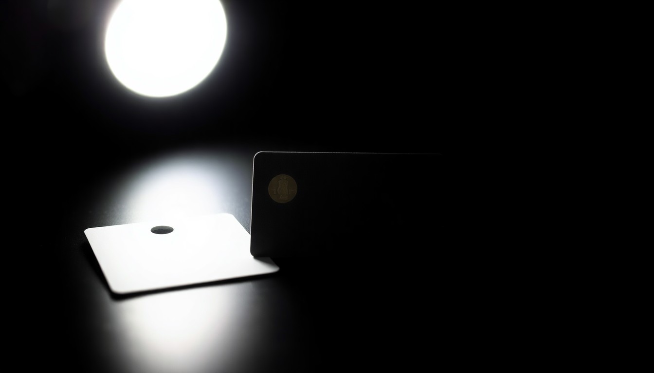 An extreme close-up photograph of a hotel room key card, the surface textured and reflecting a harsh, direct flash of light, conceptually representing the investigation into a suspicious death.