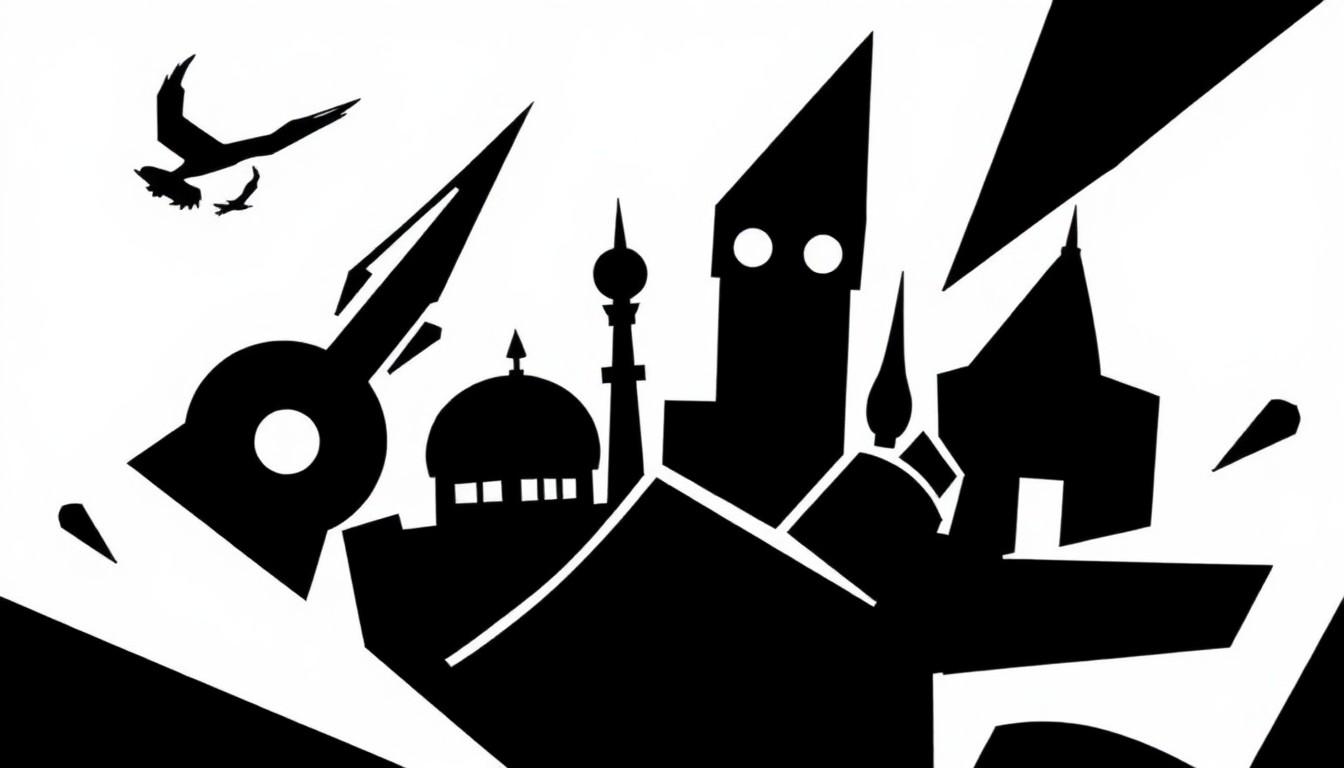 An abstract, minimalist composition using bold, jagged black silhouettes and stark white negative space to conceptually represent the diverse elements of the themed entertainment industry converging.