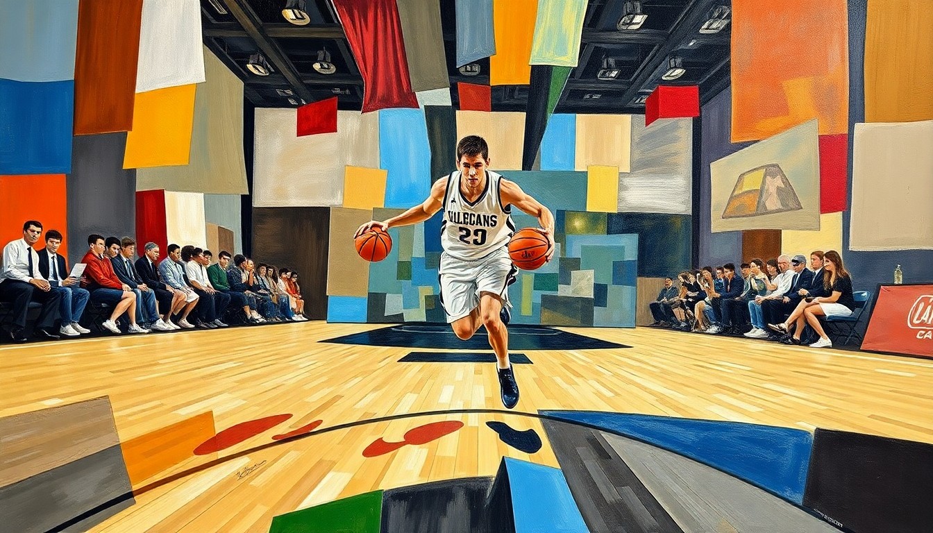 A fragmented, cubist-style illustration depicting a college basketball player dribbling a ball, with the figure and ball broken down into sharp, angular geometric shapes and planes of color.