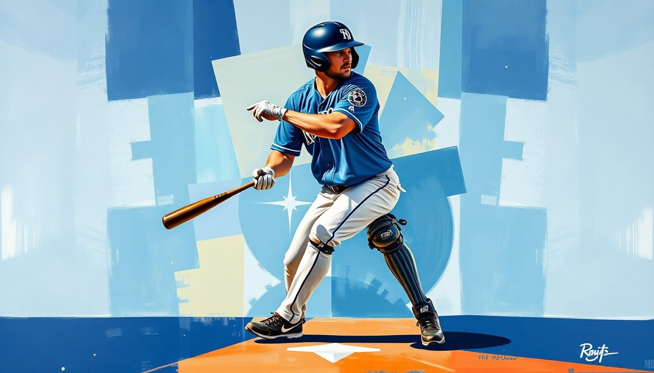 A fractured, geometric painting in vibrant blues and whites, depicting the overlapping movements and perspectives of a baseball catcher in action.