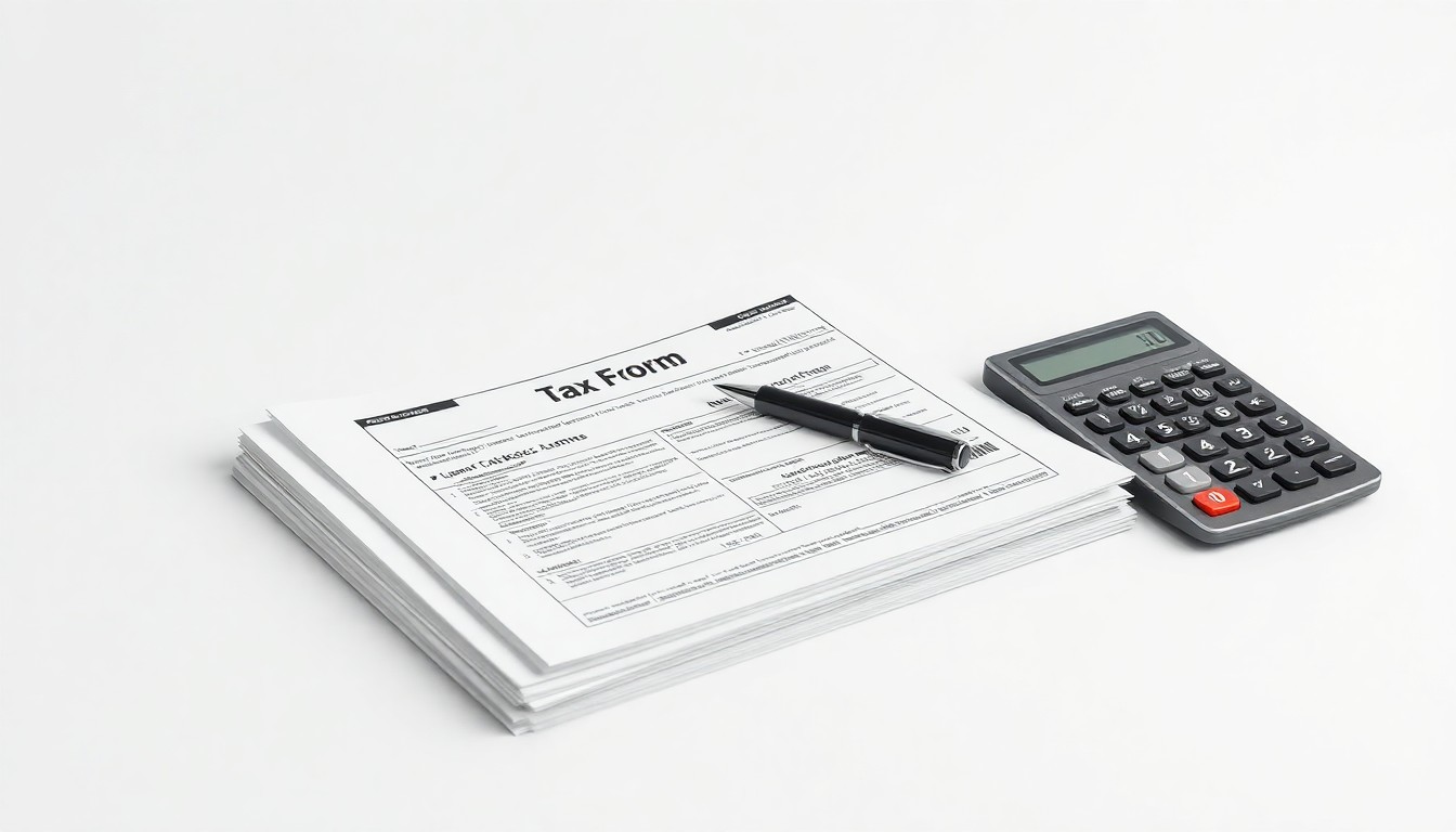 A photorealistic studio still life featuring a stack of tax forms, a pen, and a calculator arranged on a clean, monochromatic background, conceptually representing the abstract challenges of corporate tax compliance and financial strategy.