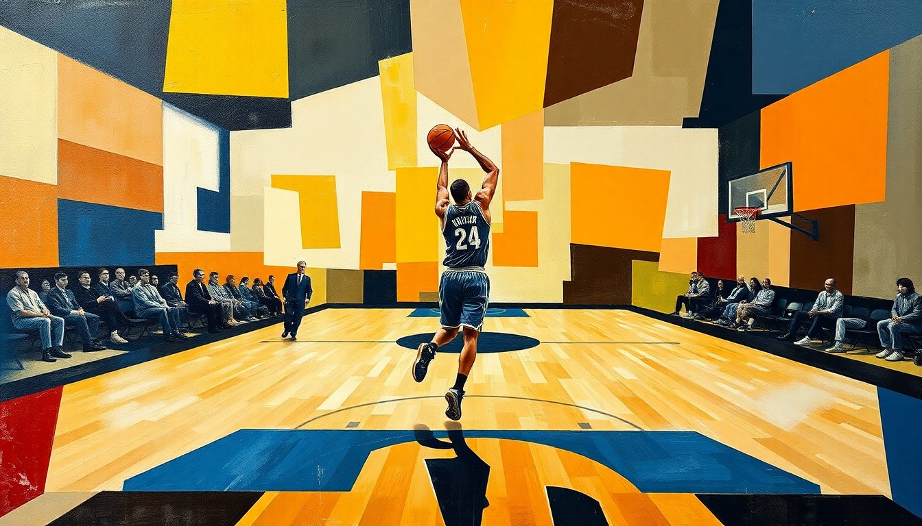 A fragmented, geometric painting depicting the fluid movements and positioning of a basketball player, with sharp planes of color and form conveying the dynamism of the sport.