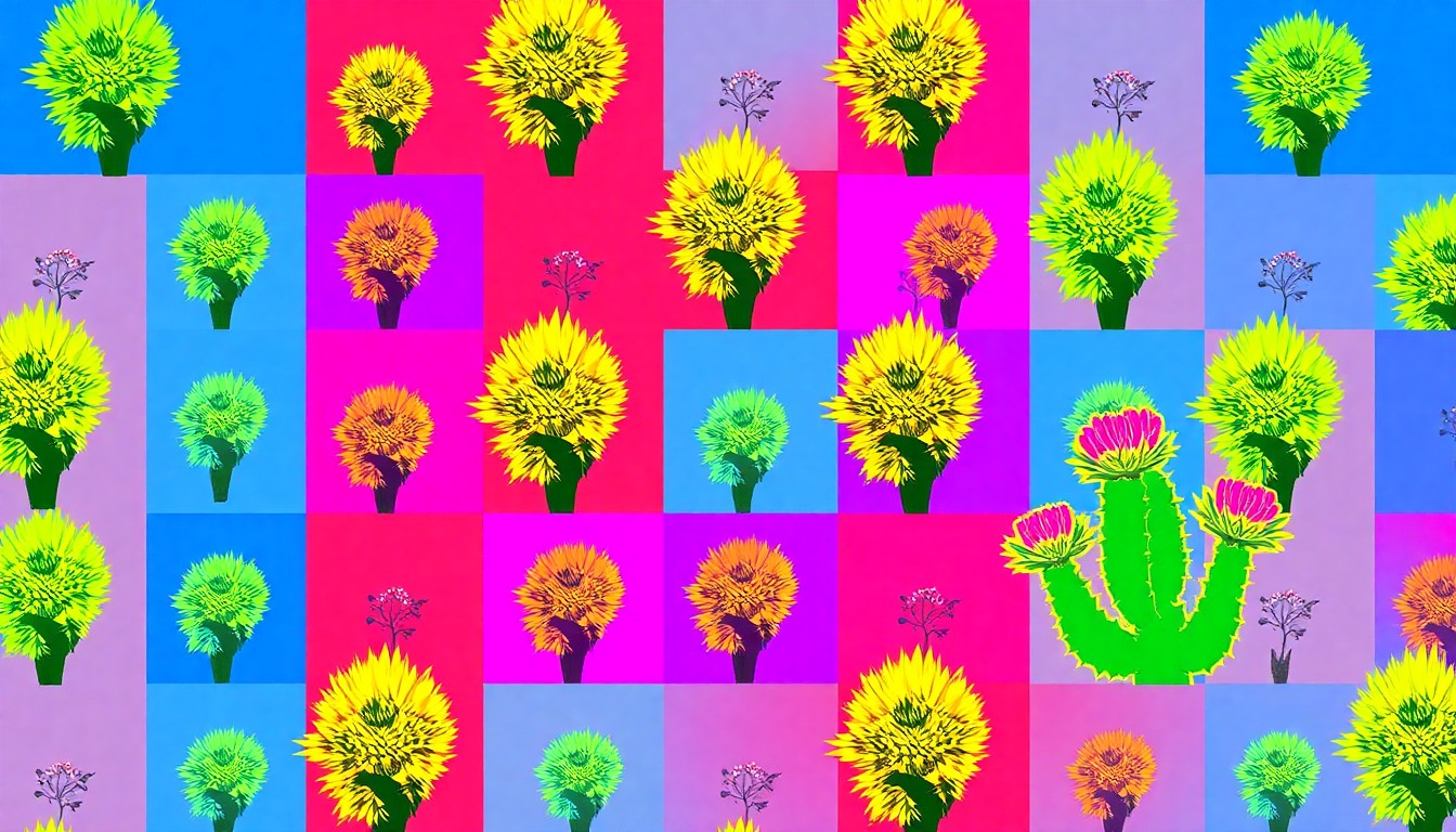 A highly stylized, pop art-inspired illustration featuring a repeating pattern of a single native Texas plant, such as a bluebonnet or prickly pear cactus, rendered in a bold, neon color palette with heavy black outlines, conceptually representing the diverse array of native species available at the annual plant sale.