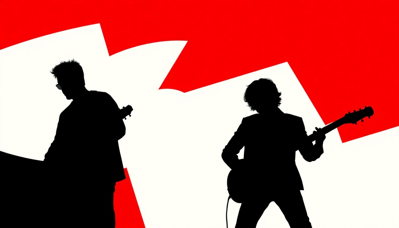 A bold, abstract illustration featuring jagged geometric shapes in striking red and white, capturing the vibrant and energetic essence of the Indonesian rock band The Changcuters.