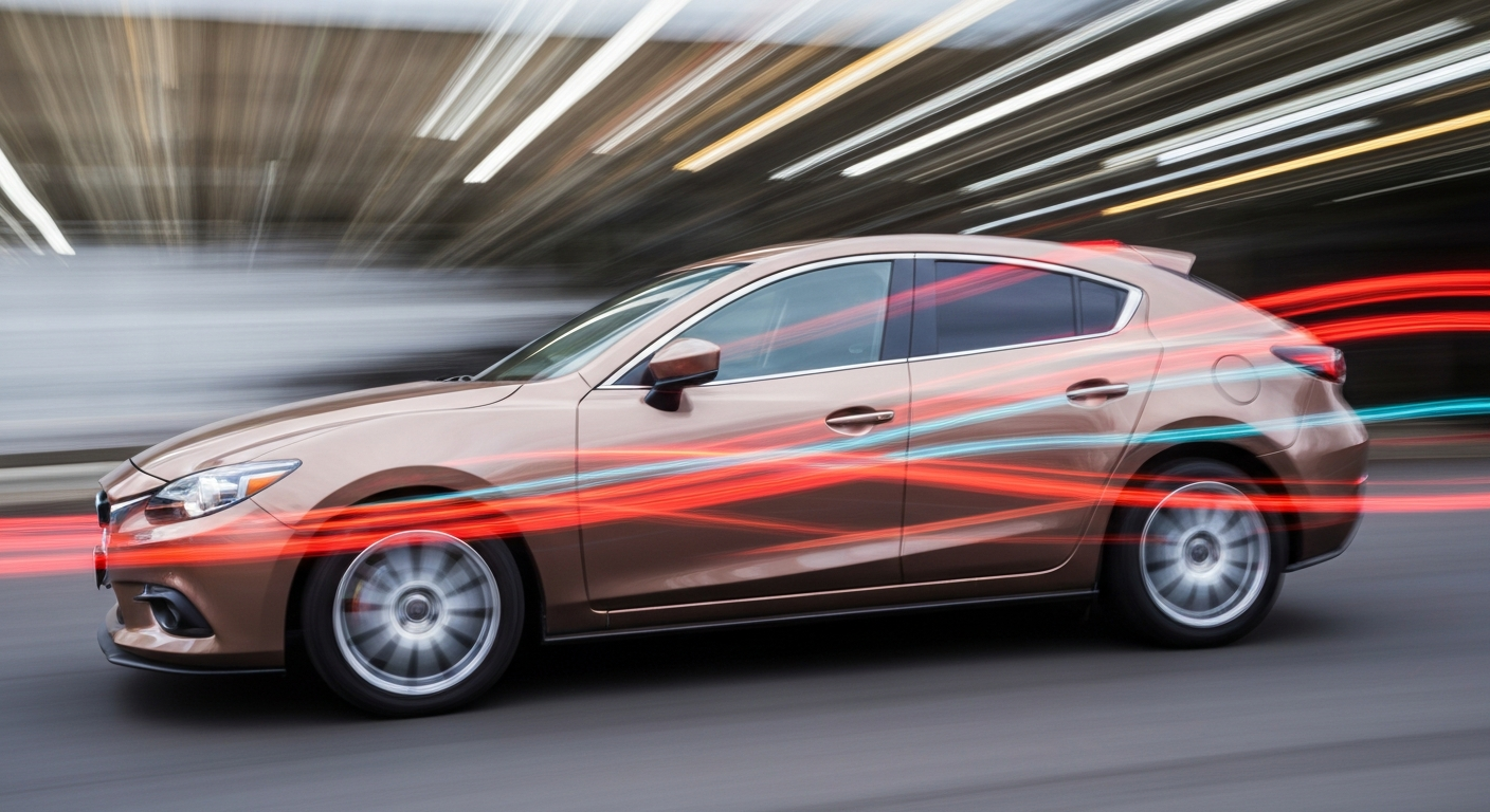 An abstract, colorful image featuring sweeping brushstrokes of red, blue, and yellow, conveying the sense of movement and energy associated with the Mazda 3 and the community events described in the story.