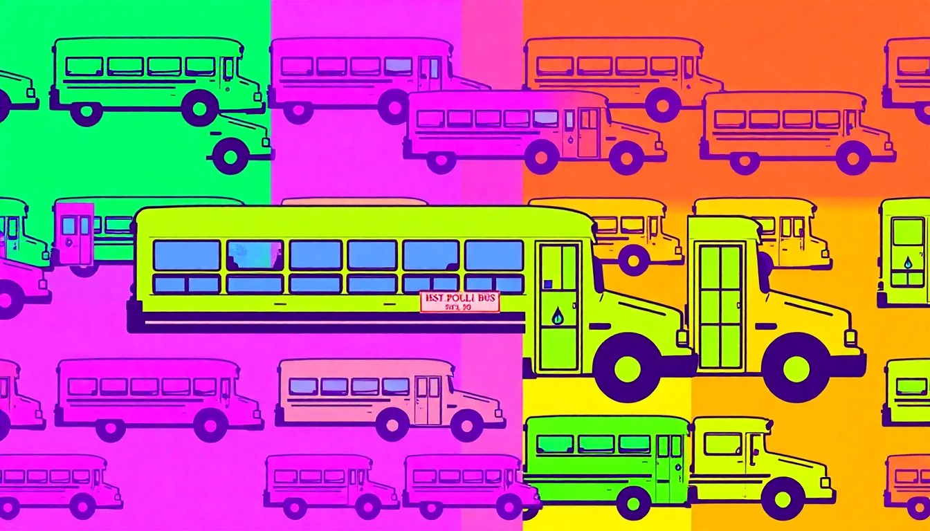 A brightly colored, high-contrast silkscreen print of a school bus icon repeated in a tight grid pattern, in the style of Andy Warhol. The image utilizes flat, vibrant, and unnatural neon color palettes overlapping with heavy black photographic outlines to turn the everyday symbol of public education into modern pop art.