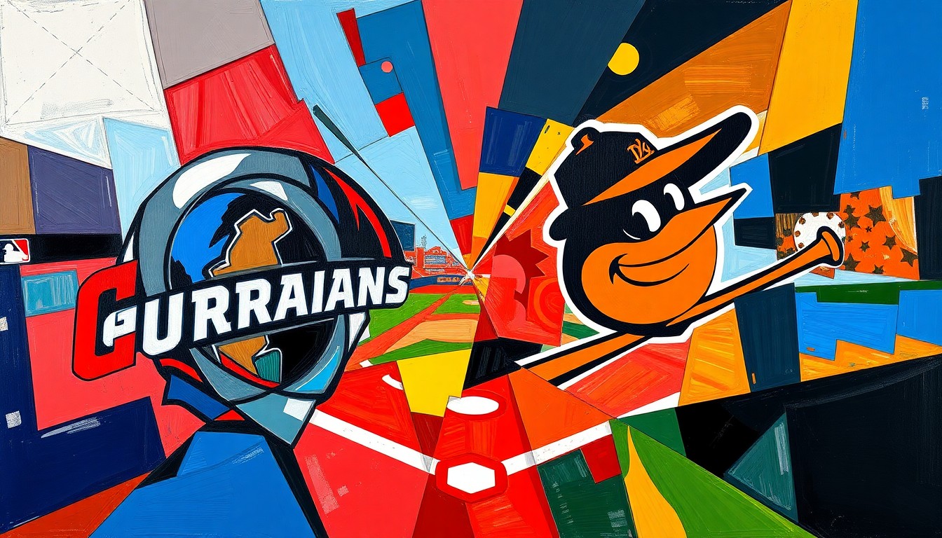 A fractured, multi-perspective painting in bold, overlapping geometric shapes and planes, using the team colors of the Cleveland Guardians and Baltimore Orioles to convey the competitive energy of their baseball matchup.