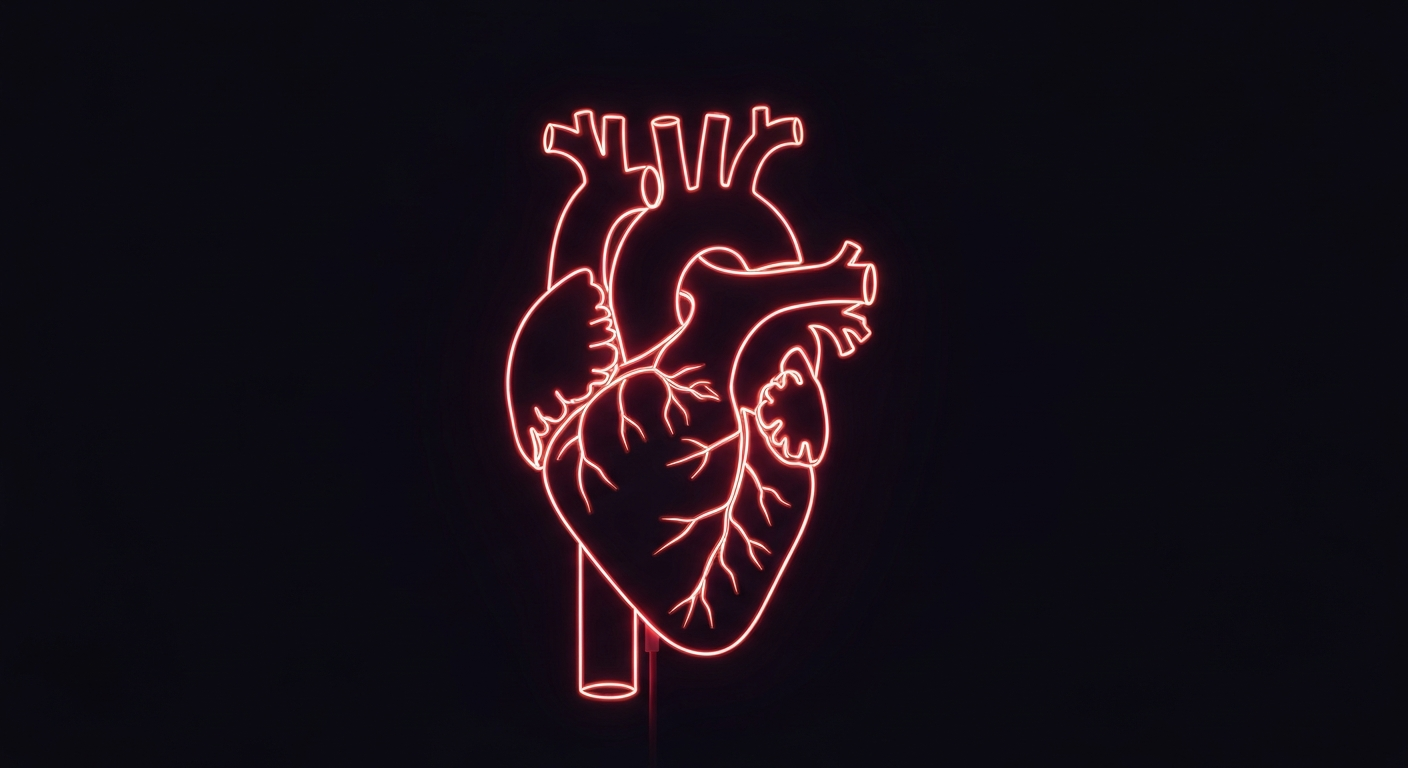 A glowing, neon outline of a human heart pulsing with energy against a dark background, conceptually representing the potential and risks of using ibogaine to treat addiction.