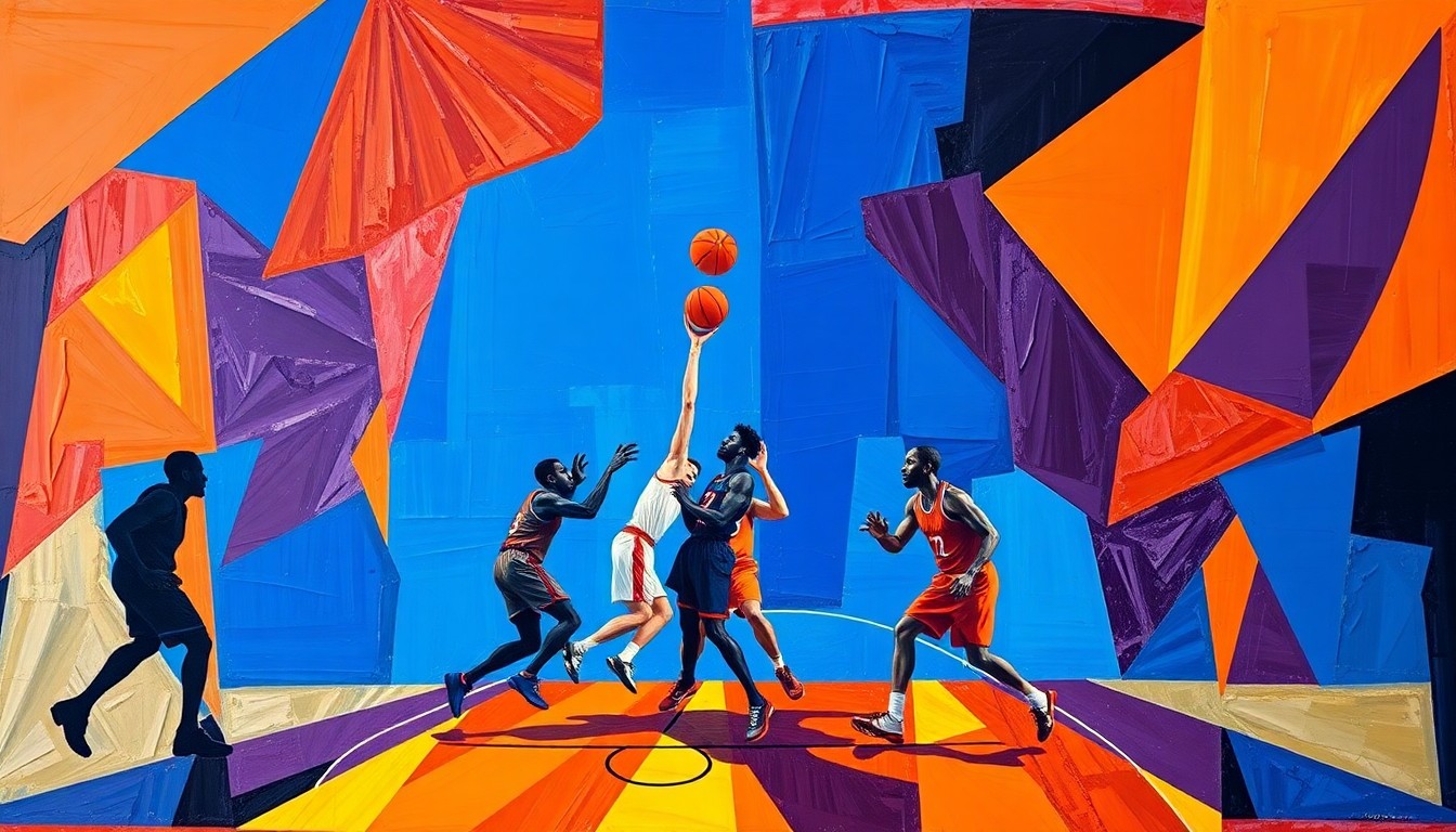A fragmented, geometric painting depicting the dynamic action of a basketball game, with the players' forms broken down into sharp, overlapping shapes in a vibrant color palette, conveying the intensity and uncertainty of the Suns-Thunder playoff series.