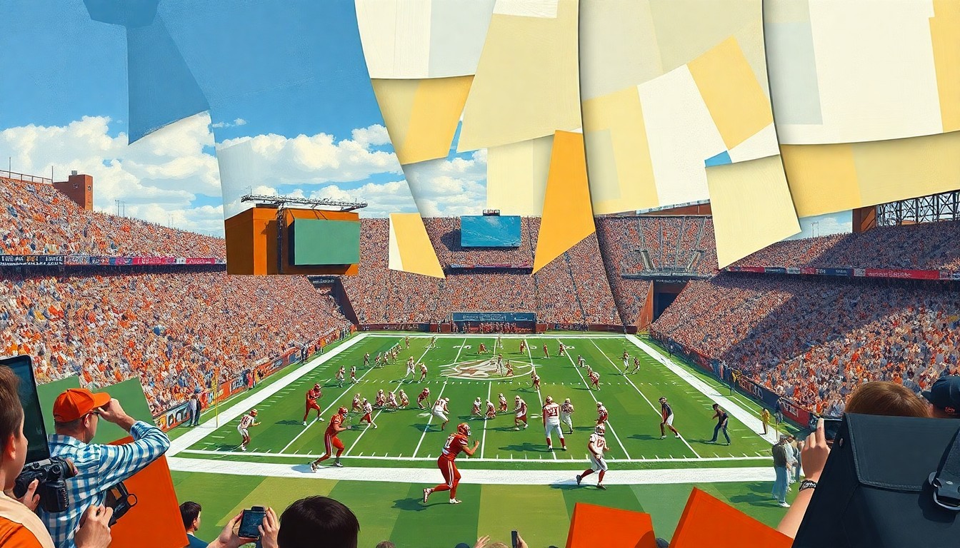 A fragmented, geometric painting depicting the Texas Longhorns football team in action, with sharp planes of color and form representing the dynamic interplay between the players.