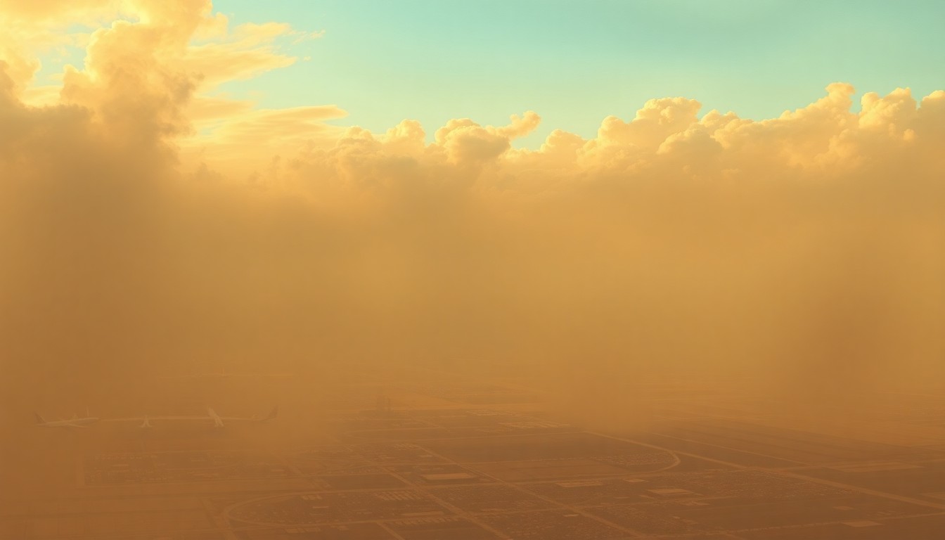 A sweeping, atmospheric landscape painting depicting a hazy, dust-filled sky over a distant urban skyline, with the silhouettes of airport terminals and aircraft barely visible, conveying the overwhelming scale of the natural forces disrupting air travel.