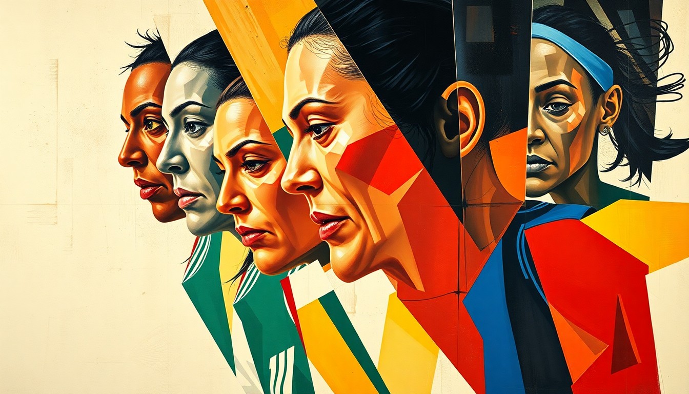 A fractured, cubist-style painting depicting the dynamic movement and energy of a WNBA basketball game, with the players' forms broken down into sharp, overlapping geometric shapes and planes of vibrant color.