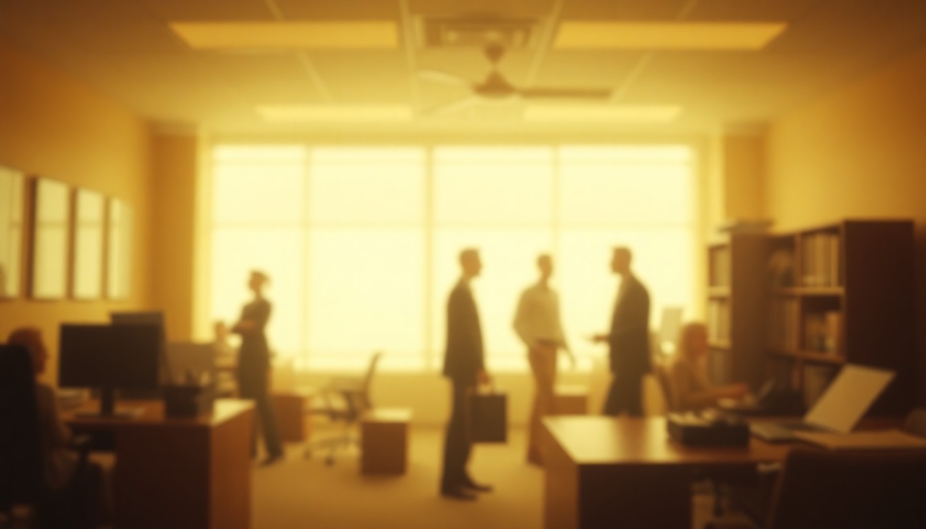 An extremely abstracted, out-of-focus photograph in soft pools of warm color and light, depicting an indistinct office interior scene that conceptually represents the emotional tone of a personal memory shared on social media.