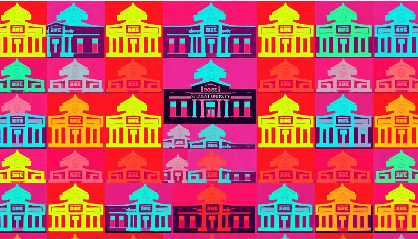 A vibrant, high-contrast silkscreen illustration featuring the Boise State student union building logo repeated in a grid pattern, rendered in a bold, neon color palette that captures the energy and creativity of the campus community.