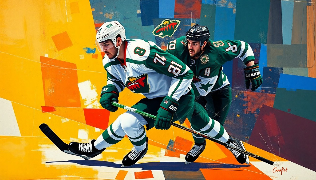 A cubist, geometric painting depicting a hockey player in motion, with sharp, overlapping planes of color representing the player's movements and the energy of the playoff matchup.