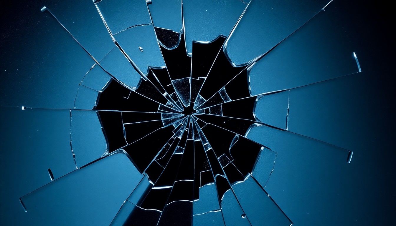 An extreme close-up photograph of a shattered glass surface reflecting dramatic, high-contrast studio lighting, conceptually representing the hidden personal struggles of a famous composer.