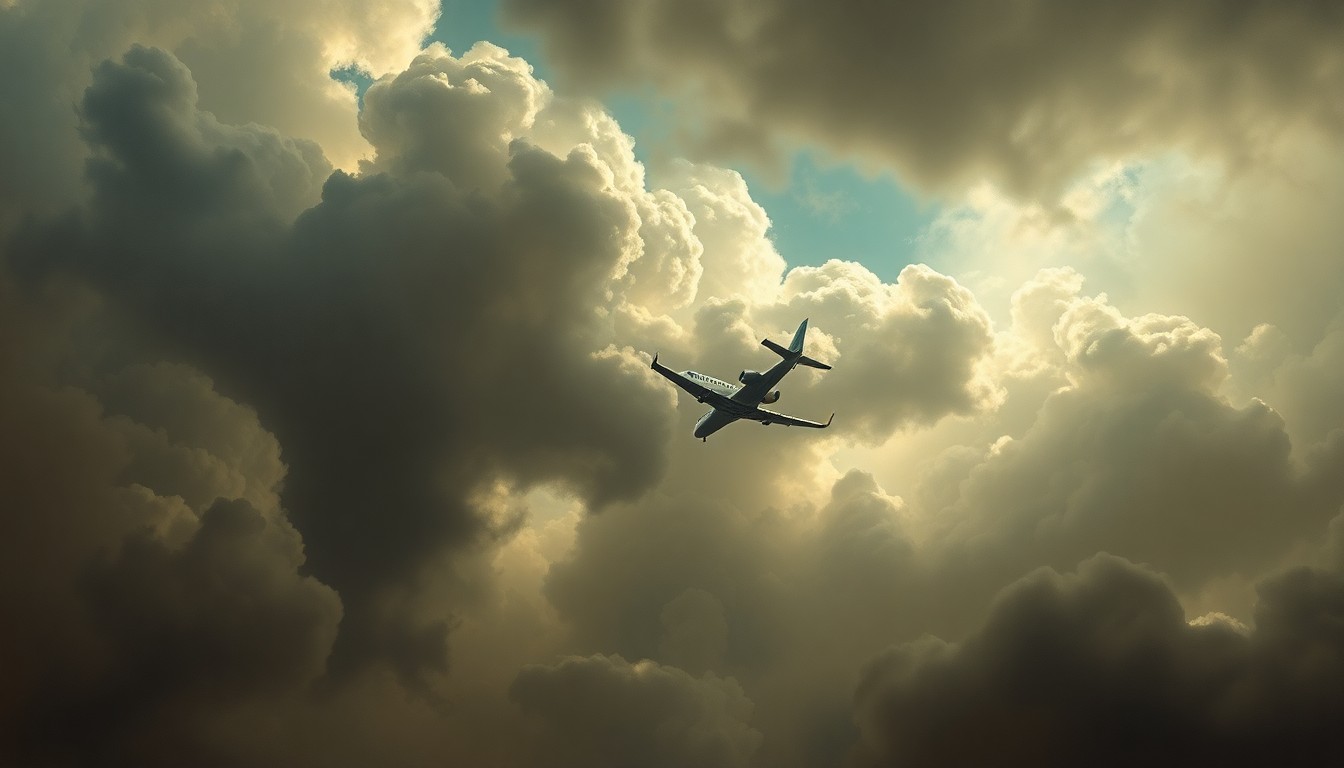 A sweeping, atmospheric landscape painting in muted tones of grey, blue, and brown, with a small private plane plummeting from the stormy sky, dwarfed by the overwhelming scale of the natural elements.