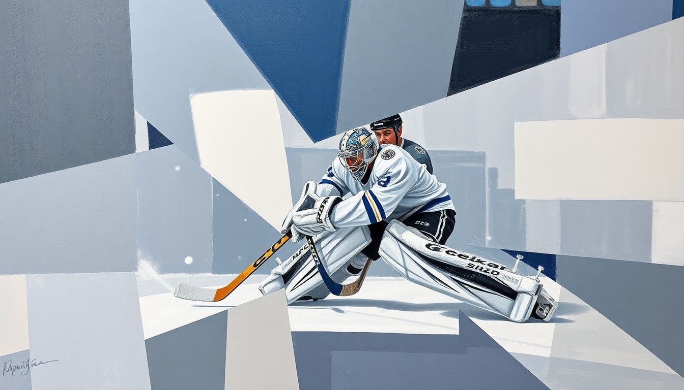 A fragmented, geometric painting depicting a hockey goaltender in mid-save, their form broken into sharp, overlapping planes of muted blues, grays, and whites, conveying the defensive struggles the Dallas Stars faced in their playoff opener.