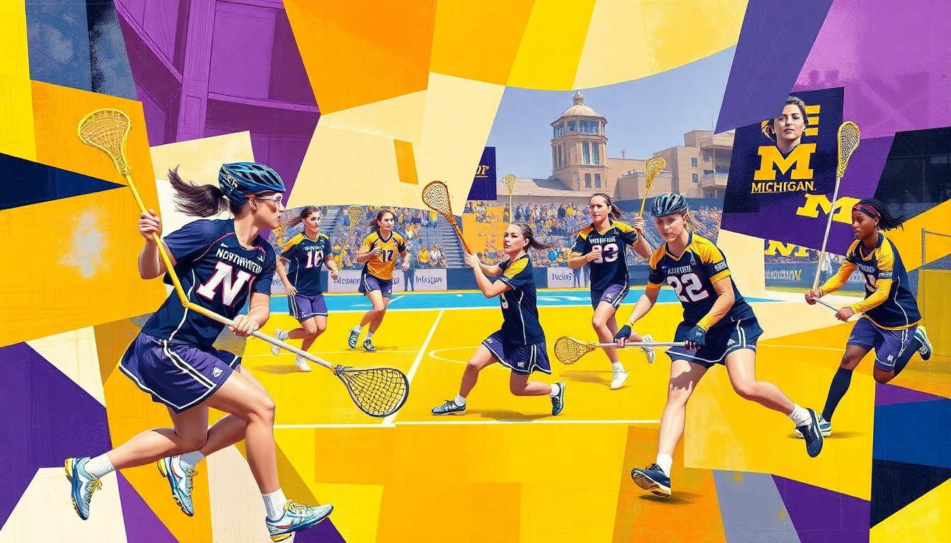 A fractured, cubist-style painting depicting a women's lacrosse game, with the players and field broken down into sharp, overlapping geometric shapes in the official team colors of Northwestern and Michigan.