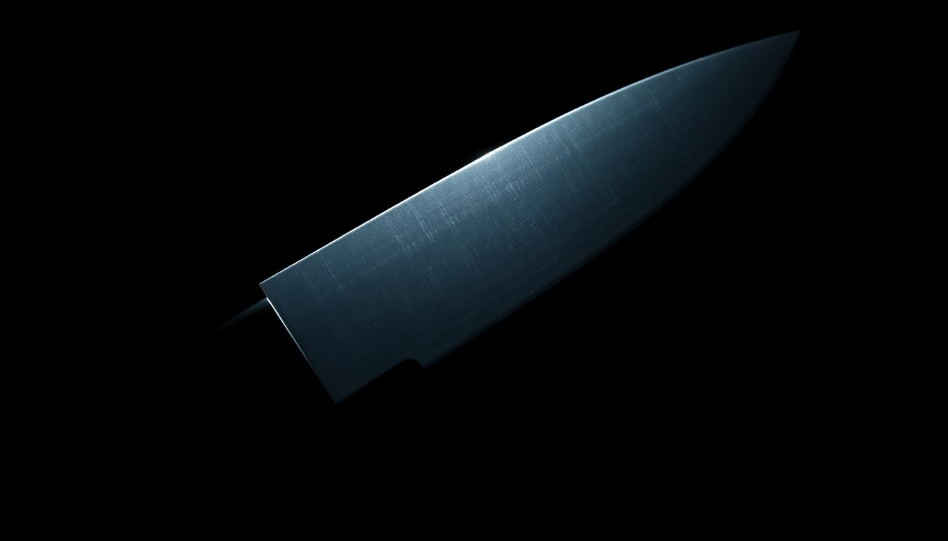 An extreme close-up of a single knife blade against a pitch-black background, creating a stark, gritty, investigative visual aesthetic.