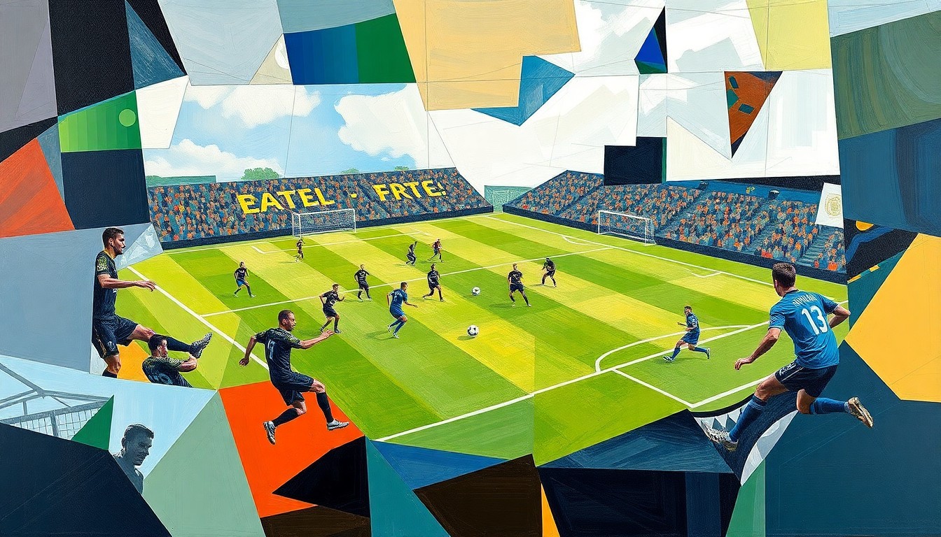 A fragmented, geometric painting depicting the dynamic movements and competitive spirit of a soccer match, with players and the field rendered in an abstract cubist style.