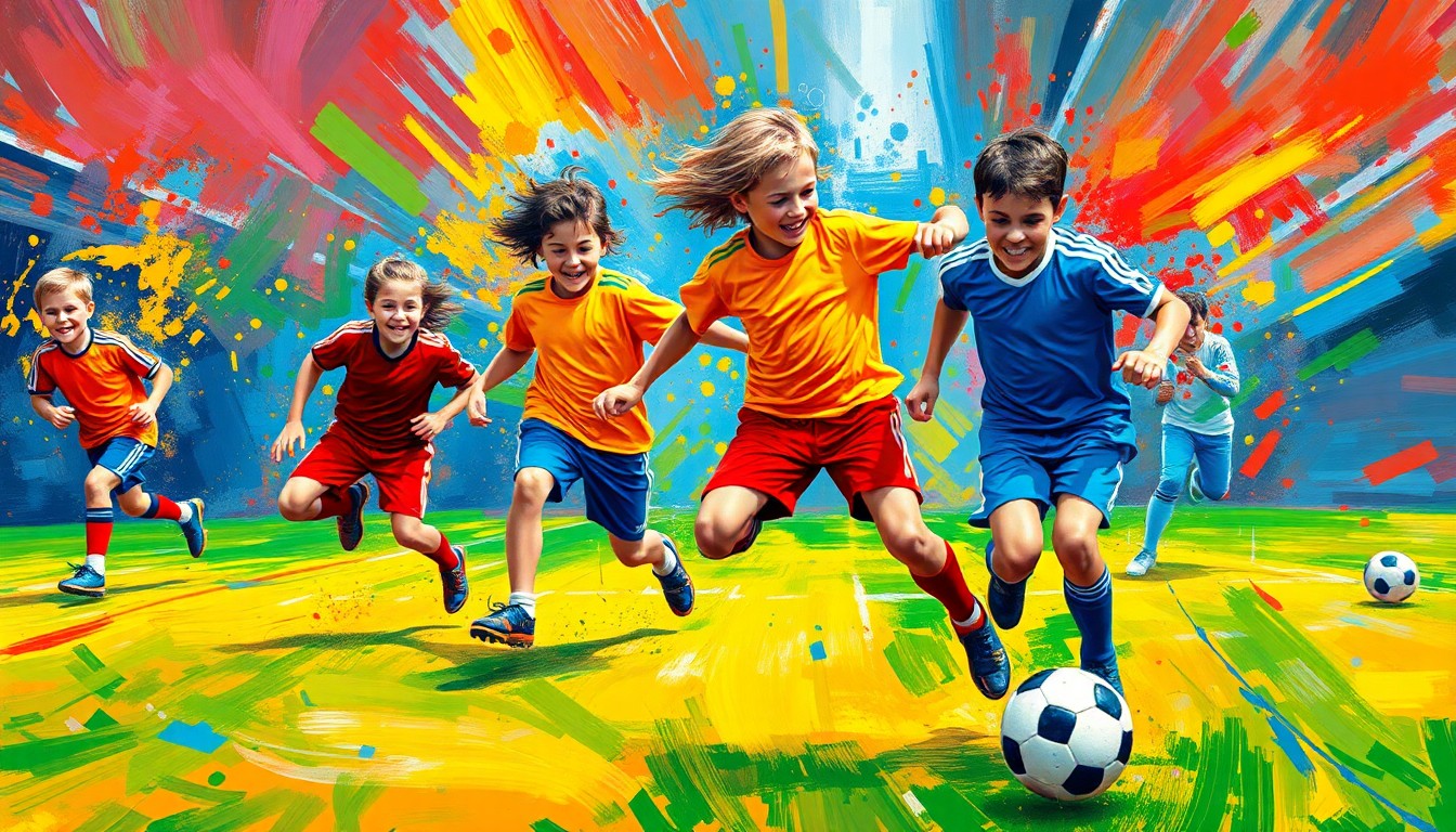 An extreme close-up of a group of children playing soccer, their movements and expressions captured in a vibrant, expressionist style with rapid brushstrokes and neon colors, conceptually representing the energy and enthusiasm of the youth soccer camp.