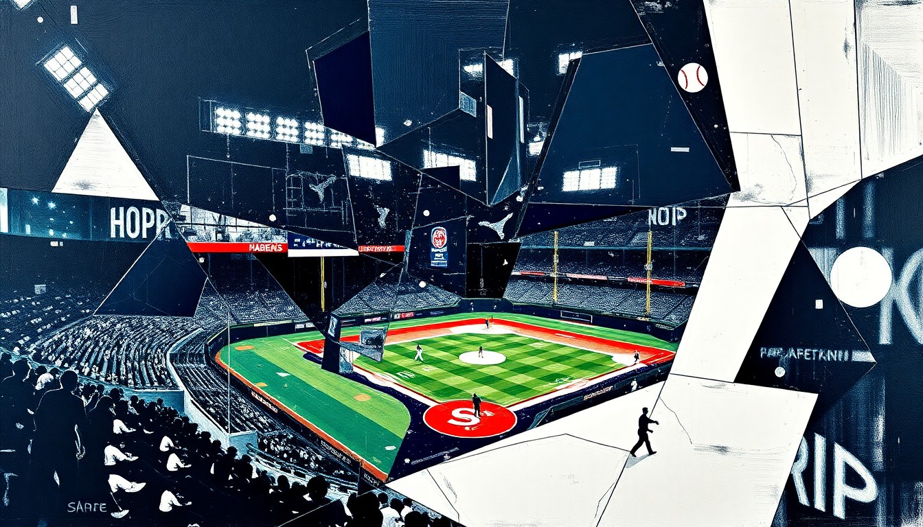 A fractured, geometric painting depicting a baseball game in progress, with sharp planes of color and overlapping perspectives.
