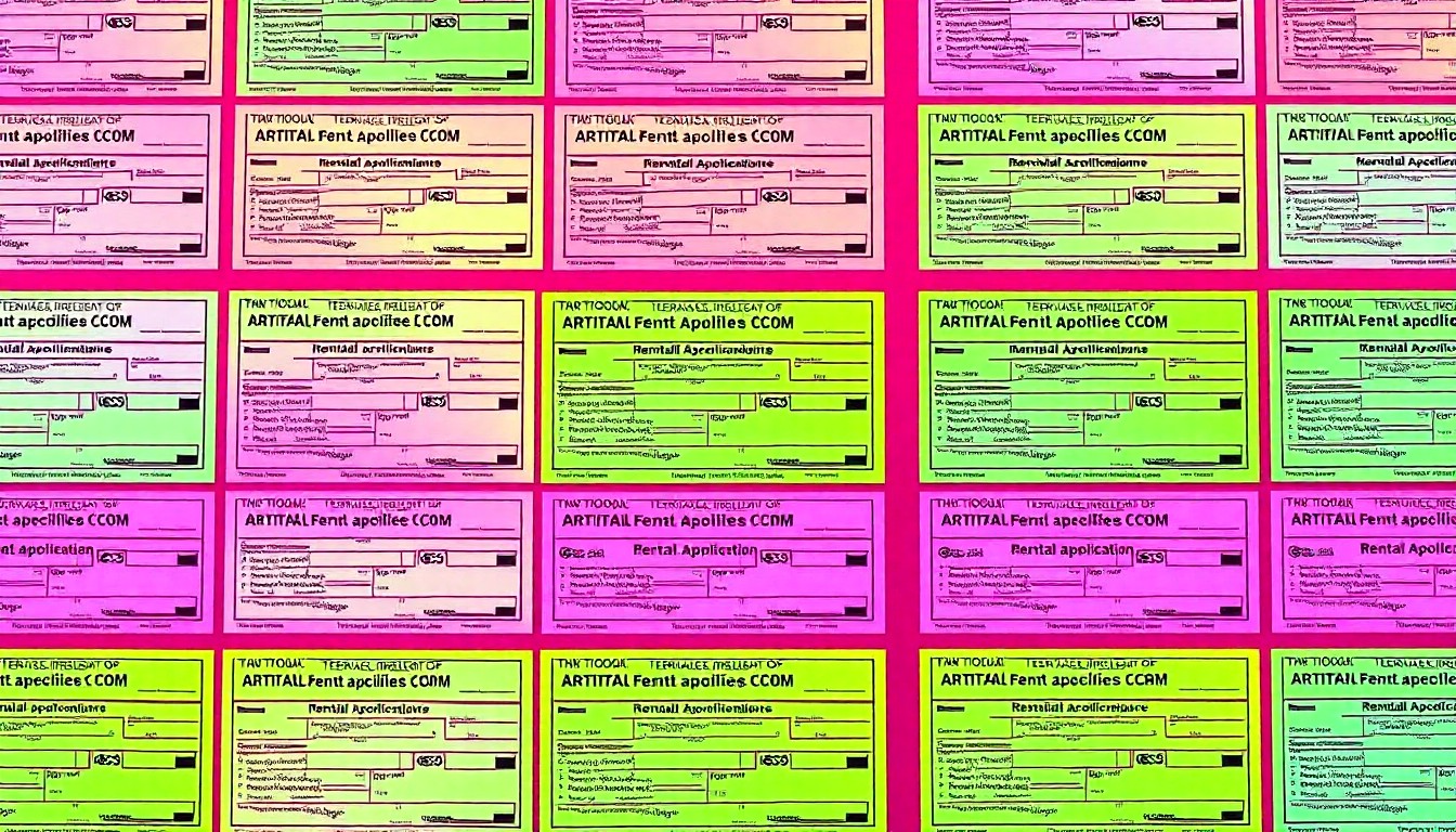A bold, colorful silkscreen-style illustration featuring a repeating grid of rental application forms rendered in vibrant neon hues and heavy black outlines, conceptually representing the importance of fair housing practices in the rental industry.