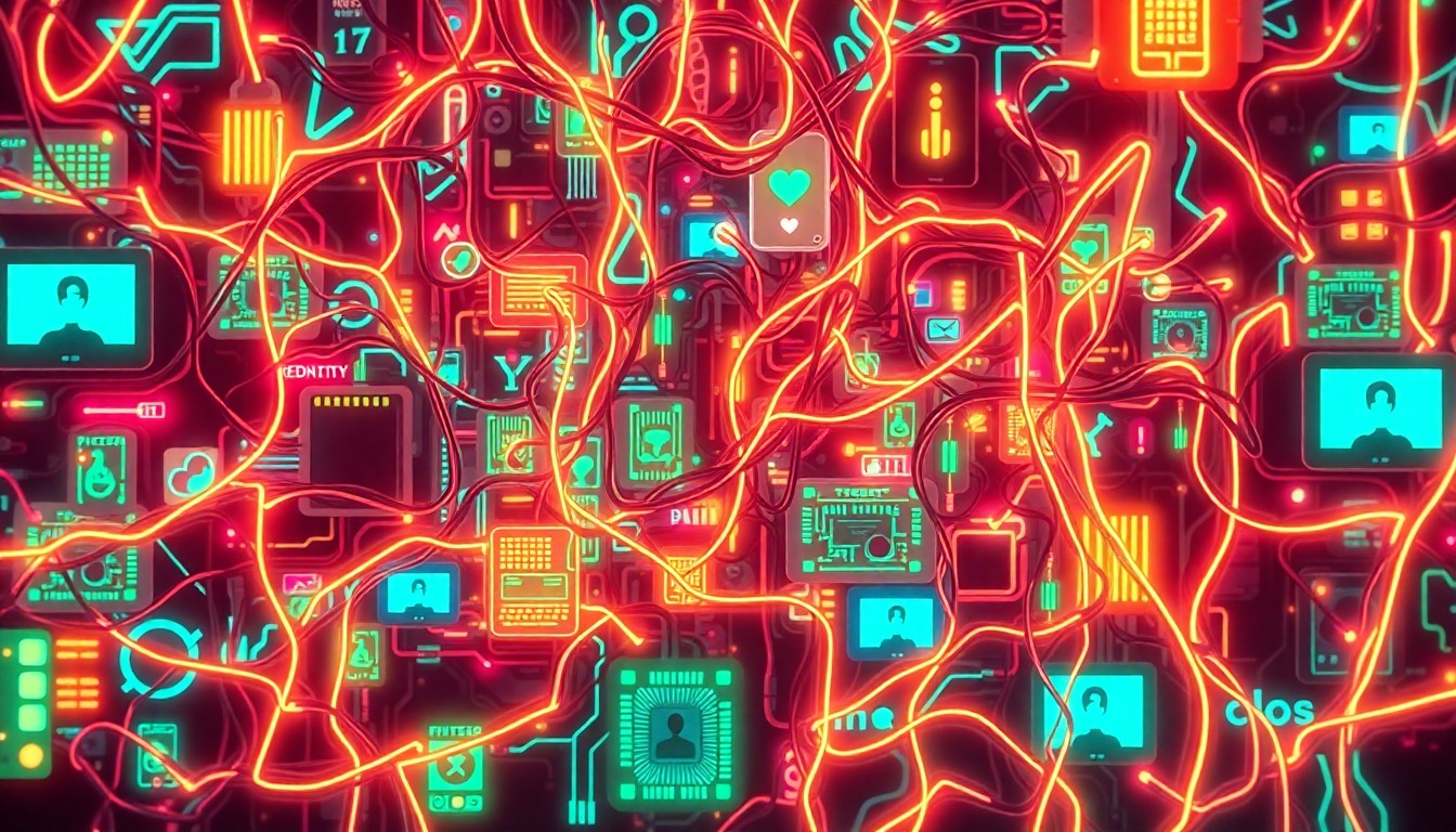 A highly detailed, glowing 3D illustration of a tangled web of neon-lit circuit boards, wires, and digital interfaces, conceptually representing the complex and immersive nature of short-form video platforms and their impact on attention and mental wellness.